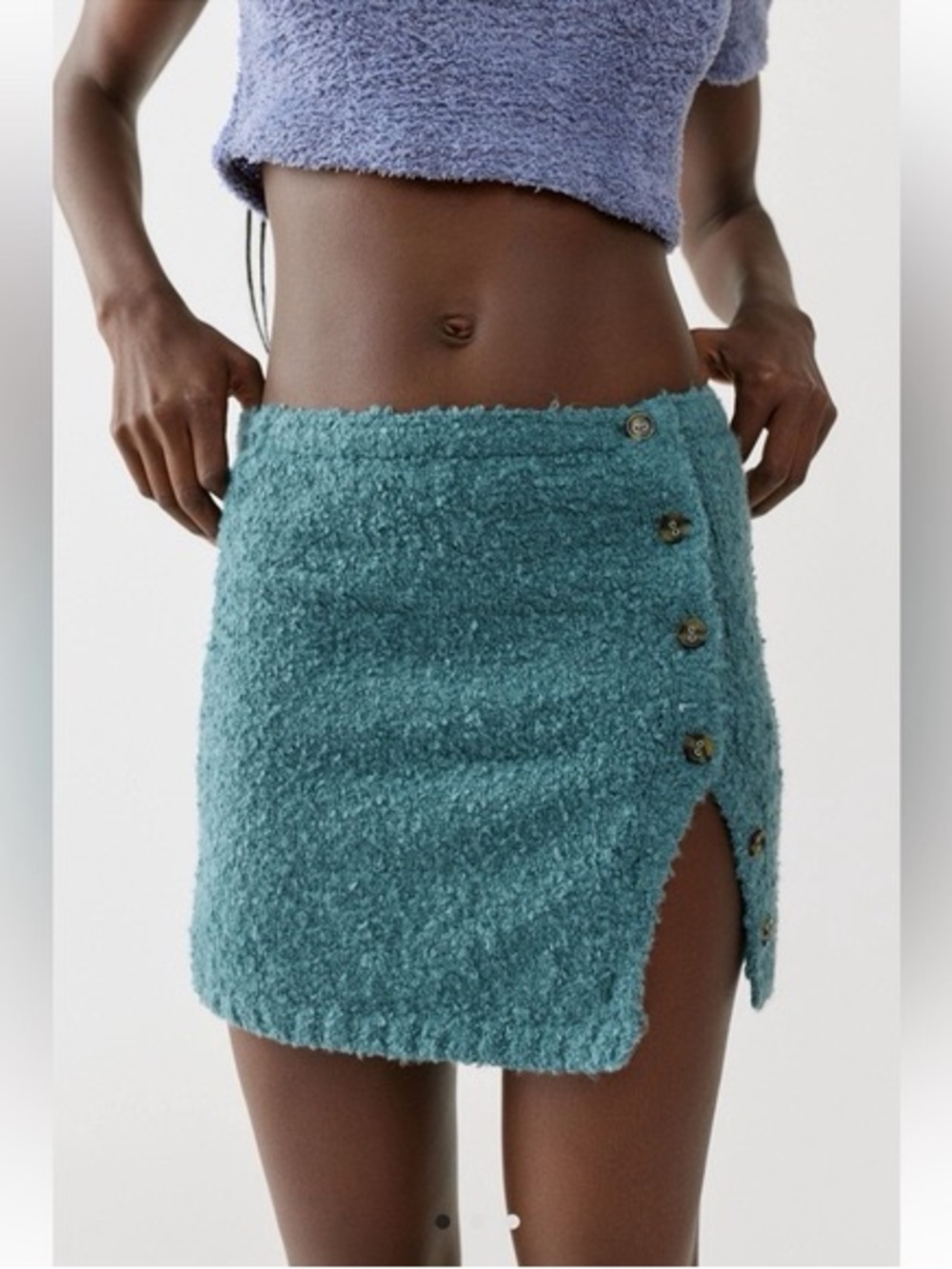 Urban Outfitters Aster Fuzzy Knit Mini Skirt Button Front Dark Teal Small